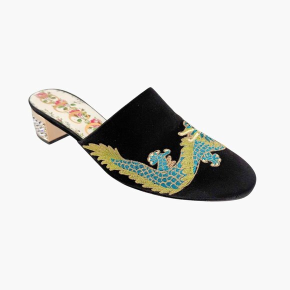 Gucci Dragon Embroidered Candy Mules EU 37 US 7 Black Satin Crystal Block Heel - Picture 9 of 15
